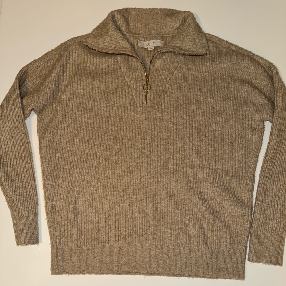 LOFT Women’s Sweater Small Tan Wool Blend 1/4 Zip Pullover Gold Zipper